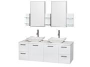 Wyndham Collection Amare 60 inch Double Bathroom Vanity in Glossy White White Man Made Stone Countertop Avalon White Carrera Marble Sinks and Medicine Cab