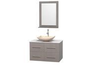 Wyndham Collection Centra 36 inch Single Bathroom Vanity in Gray Oak White Man Made Stone Countertop Arista Ivory Marble Sink and 24 inch Mirror