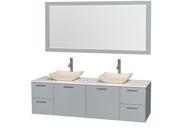 Wyndham Collection Amare 72 inch Double Bathroom Vanity in Dove Gray White Man Made Stone Countertop Avalon Ivory Marble Sinks and 70 inch Mirror