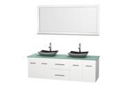 Wyndham Collection Centra 72 inch Double Bathroom Vanity in Matte White Green Glass Countertop Altair Black Granite Sinks and 70 inch Mirror