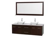 Wyndham Collection Centra 72 inch Double Bathroom Vanity in Espresso White Man Made Stone Countertop Pyra White Porcelain Sinks and 70 inch Mirror