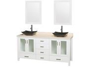 Wyndham Collection Lucy 72 inch Double Bathroom Vanity in White Ivory Marble Countertop Arista Black Granite Sinks and 24 inch Mirrors