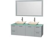 Wyndham Collection Amare 60 inch Double Bathroom Vanity in Dove Gray Green Glass Countertop Avalon Ivory Marble Sinks and 58 inch Mirror