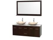 Wyndham Collection Centra 60 inch Double Bathroom Vanity in Espresso White Carrera Marble Countertop Arista Ivory Marble Sinks and 58 inch Mirror