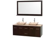 Wyndham Collection Centra 60 inch Double Bathroom Vanity in Espresso Ivory Marble Countertop Avalon Ivory Marble Sinks and 58 inch Mirror