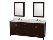 Wyndham Collection Sheffield 80 inch Double Bathroom Vanity in Espresso White Carrera Marble Countertop Undermount Oval Sinks and Medicine Cabinets