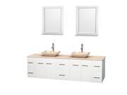 Wyndham Collection Centra 80 inch Double Bathroom Vanity in Matte White Ivory Marble Countertop Avalon Ivory Marble Sinks and 24 inch Mirrors
