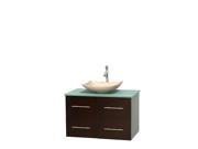 Wyndham Collection Centra 36 inch Single Bathroom Vanity in Espresso Green Glass Countertop Arista Ivory Marble Sink and No Mirror