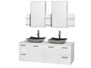 Wyndham Collection Amare 60 inch Double Bathroom Vanity in Glossy White White Man Made Stone Countertop Altair Black Granite Sinks and Medicine Cabinets