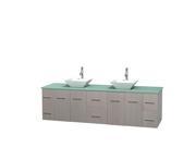 Wyndham Collection Centra 80 inch Double Bathroom Vanity in Gray Oak Green Glass Countertop Pyra White Porcelain Sinks and No Mirror