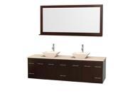 Wyndham Collection Centra 80 inch Double Bathroom Vanity in Espresso Ivory Marble Countertop Pyra Bone Porcelain Sinks and 70 inch Mirror