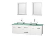 Wyndham Collection Centra 72 inch Double Bathroom Vanity in Matte White Green Glass Countertop Pyra White Porcelain Sinks and 24 inch Mirrors