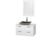 Wyndham Collection Amare 36 inch Single Bathroom Vanity in Glossy White White Man Made Stone Countertop Altair Black Granite Sink and 24 inch Mirror