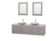 Wyndham Collection Centra 80 inch Double Bathroom Vanity in Gray Oak White Man Made Stone Countertop Arista White Carrera Marble Sinks and 24 inch Mirrors