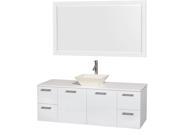 Wyndham Collection Amare 60 inch Single Bathroom Vanity in Glossy White White Man Made Stone Countertop Pyra Bone Porcelain Sink and 58 inch Mirror