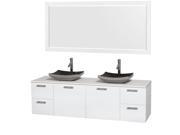 Wyndham Collection Amare 72 inch Double Bathroom Vanity in Glossy White White Man Made Stone Countertop Altair Black Granite Sinks and 70 inch Mirror