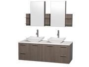 Wyndham Collection Amare 60 inch Double Bathroom Vanity in Gray Oak with White Man Made Stone Top with Carrera Marble Sinks and Medicine Cabinets
