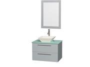 Wyndham Collection Amare 30 inch Single Bathroom Vanity in Dove Gray Green Glass Countertop Pyra Bone Porcelain Sink and 24 inch Mirror