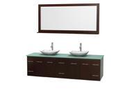 Wyndham Collection Centra 80 inch Double Bathroom Vanity in Espresso Green Glass Countertop Arista White Carrera Marble Sinks and 70 inch Mirror