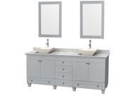 Wyndham Collection Acclaim 80 inch Double Bathroom Vanity in Oyster Gray White Carrera Marble Countertop Pyra Bone Porcelain Sinks and 24 inch Mirrors