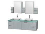 Wyndham Collection Amare 72 inch Double Bathroom Vanity in Dove Gray Green Glass Countertop Arista White Carrera Marble Sinks and Medicine Cabinet