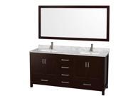 Wyndham Collection Sheffield 72 inch Double Bathroom Vanity in Espresso White Carrera Marble Countertop Undermount Square Sinks and 70 inch Mirror