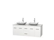 Wyndham Collection Centra 60 inch Double Bathroom Vanity in Matte White White Man Made Stone Countertop Avalon White Carrera Marble Sinks and No Mirror