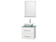 Wyndham Collection Centra 24 inch Single Bathroom Vanity in Matte White Green Glass Countertop Pyra White Porcelain Sink and 24 inch Mirror