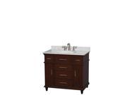 Wyndham Collection Berkeley 36 inch Single Bathroom Vanity in Dark Chestnut with White Carrera Marble Top with White Undermount Oval Sink and No Mirror