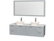 Wyndham Collection Amare 72 inch Double Bathroom Vanity in Dove Gray White Man Made Stone Countertop Pyra Bone Porcelain Sinks and 70 inch Mirror
