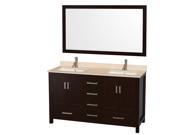 Wyndham Collection Sheffield 60 inch Double Bathroom Vanity in Espresso Ivory Marble Countertop Undermount Square Sinks and 58 inch Mirror