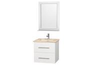 Wyndham Collection Centra 24 inch Single Bathroom Vanity in Matte White Ivory Marble Countertop Square Porcelain Undermount Sink and 24 inch Mirror