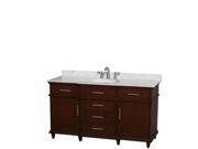 Wyndham Collection Berkeley 60 inch Single Bathroom Vanity in Dark Chestnut with White Carrera Marble Top with White Undermount Oval Sink and No Mirror