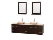 Wyndham Collection Centra 80 inch Double Bathroom Vanity in Espresso Ivory Marble Countertop Avalon Ivory Marble Sinks and 24 inch Mirrors