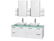 Wyndham Collection Amare 60 inch Double Bathroom Vanity in Glossy White Green Glass Countertop Avalon White Carrera Marble Sinks and Medicine Cabinets