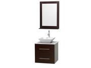 Wyndham Collection Centra 24 inch Single Bathroom Vanity in Espresso White Carrera Marble Countertop Pyra White Porcelain Sink and 24 inch Mirror