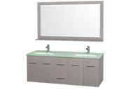 Wyndham Collection Centra 60 inch Double Bathroom Vanity in Gray Oak Green Glass Countertop Square Porcelain Undermount Sinks and 58 inch Mirror