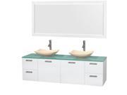 Wyndham Collection Amare 72 inch Double Bathroom Vanity in Glossy White Green Glass Countertop Arista Ivory Marble Sinks and 70 inch Mirror