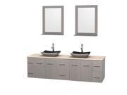 Wyndham Collection Centra 80 inch Double Bathroom Vanity in Gray Oak Ivory Marble Countertop Altair Black Granite Sinks and 24 inch Mirrors