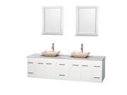 Wyndham Collection Centra 80 inch Double Bathroom Vanity in Matte White White Carrera Marble Countertop Avalon Ivory Marble Sinks and 24 inch Mirrors