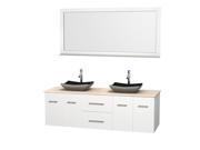 Wyndham Collection Centra 72 inch Double Bathroom Vanity in Matte White Ivory Marble Countertop Altair Black Granite Sinks and 70 inch Mirror