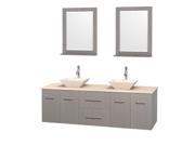 Wyndham Collection Centra 72 inch Double Bathroom Vanity in Gray Oak Ivory Marble Countertop Pyra Bone Porcelain Sinks and 24 inch Mirrors