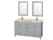 Wyndham Collection Sheffield 60 inch Double Bathroom Vanity in Gray Ivory Marble Countertop Undermount Square Sinks and 24 inch Mirrors