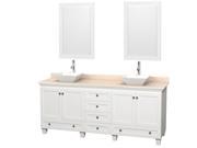 Wyndham Collection Acclaim 80 inch Double Bathroom Vanity in White Ivory Marble Countertop Pyra White Porcelain Sinks and 24 inch Mirrors
