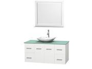 Wyndham Collection Centra 48 inch Single Bathroom Vanity in Matte White Green Glass Countertop Arista White Carrera Marble Sink and 36 inch Mirror