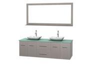 Wyndham Collection Centra 72 inch Double Bathroom Vanity in Gray Oak Green Glass Countertop Avalon White Carrera Marble Sinks and 70 inch Mirror
