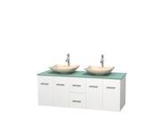 Wyndham Collection Centra 60 inch Double Bathroom Vanity in Matte White Green Glass Countertop Arista Ivory Marble Sinks and No Mirror