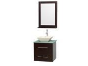 Wyndham Collection Centra 24 inch Single Bathroom Vanity in Espresso Green Glass Countertop Pyra Bone Porcelain Sink and 24 inch Mirror