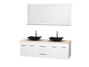 Wyndham Collection Centra 72 inch Double Bathroom Vanity in Matte White Ivory Marble Countertop Arista Black Granite Sinks and 70 inch Mirror