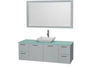 Wyndham Collection Amare 60 inch Single Bathroom Vanity in Dove Gray Green Glass Countertop Avalon White Carrera Marble Sink and 58 inch Mirror